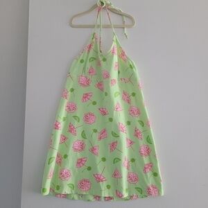 Lilly Pulitzer green pink umbrellas halter beach dress size M flaw